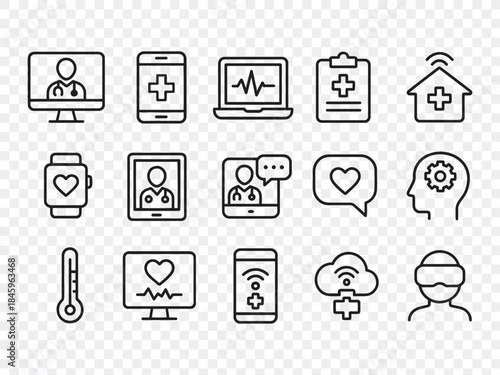 Digital Healthcare and Telemedicine Line Icons Set: Medical, Hospital, Doctor, and Health Symbols for Modern Design
