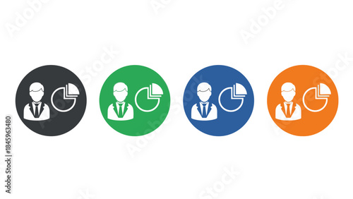Business infographics with people and pie charts in four colors