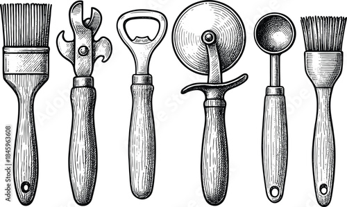 Vintage Black and White Kitchen Tools Illustration Set with Opener Cutter Brush Wheel