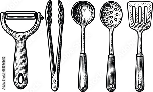 Vintage Black and White Kitchen Utensils Illustration Set with Peeler Tongs Spoon Spatula
