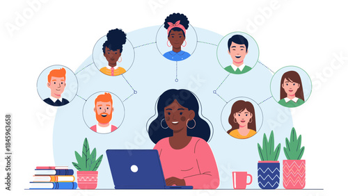 Diverse team collaborating online with laptop and virtual connections