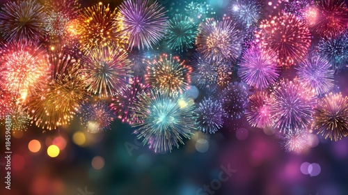 A vibrant display of colorful explosions illuminates the night sky. Sparkling bursts of red, blue, green, and gold fill the frame