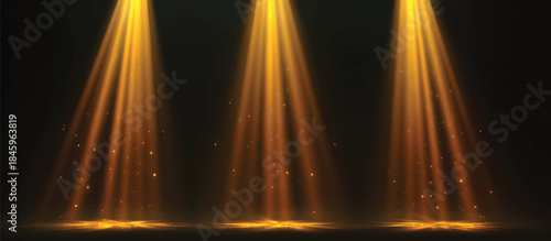  Set of yellow light effects with spotlights, warm lighting on a black background