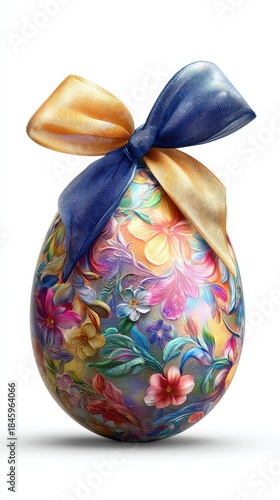 Vibrant Painterly Floral Easter Egg Adorned with Elegant Gold and Blue Ribbon Bow, Isolated on White.