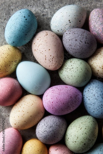 Vibrant Pastel Speckled Candy Eggs - A Sweet Easter Treat Display.