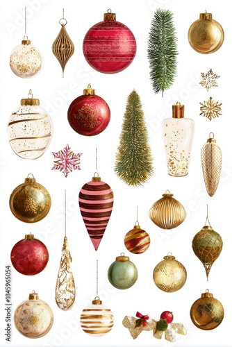 Vintage Christmas Ornament Collection - Festive Assortment on White Background, Holiday Decor.