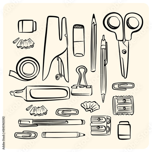 Assorted Hand-Drawn Office and School Stationery Supplies Doodle Set