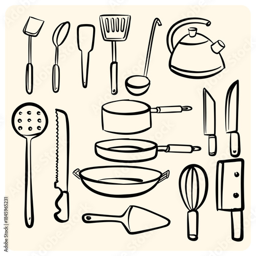 Comprehensive Hand-Drawn Kitchen Utensils and Cookware Doodle Set