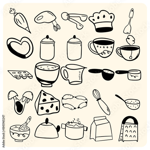 Detailed Kitchen Utensils and Cooking Doodles Set
