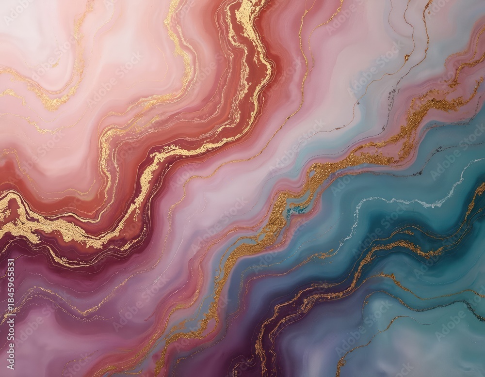 custom made wallpaper toronto digitalAbstract fluid art with swirling pink, red, and teal colors blended with gold veins. Texture resembles marble or agate stone. Elegant and luxurious background pattern.