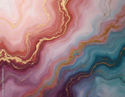 Wallpaper Mural Abstract fluid art with swirling pink, red, and teal colors blended with gold veins. Texture resembles marble or agate stone. Elegant and luxurious background pattern. Torontodigital.ca