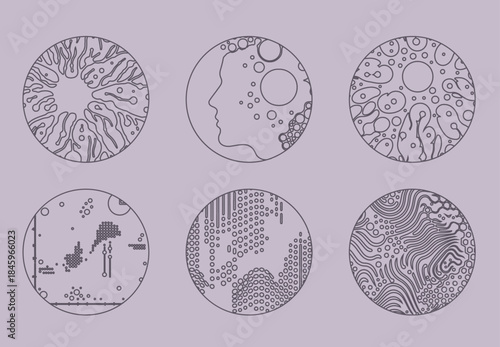 Minimal linear vector icons with abstract circular designs in thin black lines on a soft purple background. Conceptual vector illustration for science, technology, and abstract subjects.