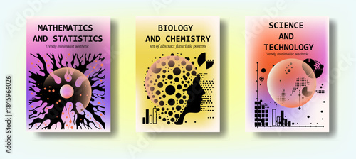 Set of abstract vector posters with gradients, geometric, and organic shapes representing math, biology, science, and technology. Conceptual vector illustration for educational, scientific themes.