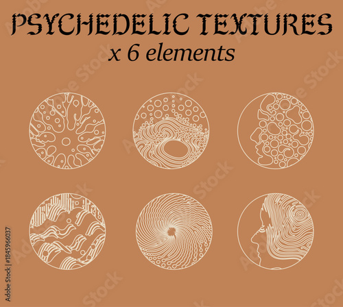 Set of six linear psychedelic vector textures in circles, showing abstract shapes, faces, and wavy patterns. Conceptual vector illustration for psychedelic, abstract, and decorative themes.