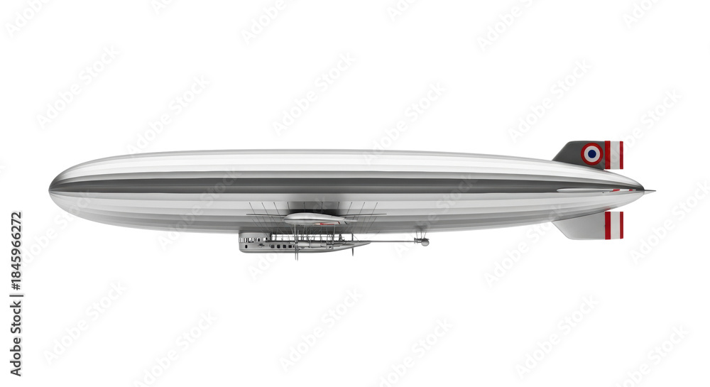 Fototapeta premium photorealistic scale model of a highly detailed, metallic silver historic zeppelin in perfect side profile view, isolated against a transparent studio background with soft shadows. concept of vintage