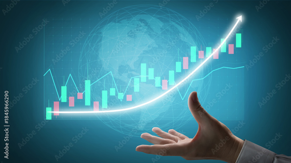 Naklejka premium A symbolic representation of financial growth, featuring a hand reaching out toward an upward-rising graph, set against a global backdrop, illustrating success. Impute