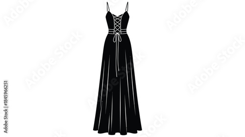 A detailed sketch of a long flowing black dress with lace up detailing and a cinched waist