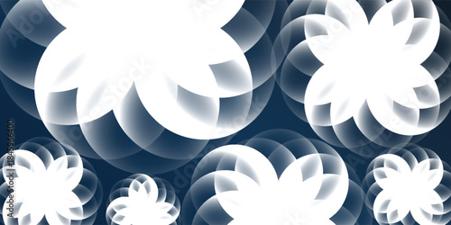 Abstract white glowing floral or star-like shapes with translucent overlapping segments on a dark blue background, creating a modern and ethereal pattern.