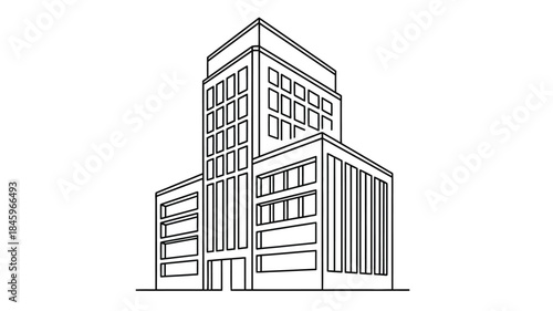 A minimalist line drawing depicts a modern skyscraper with a rectangular tiered design