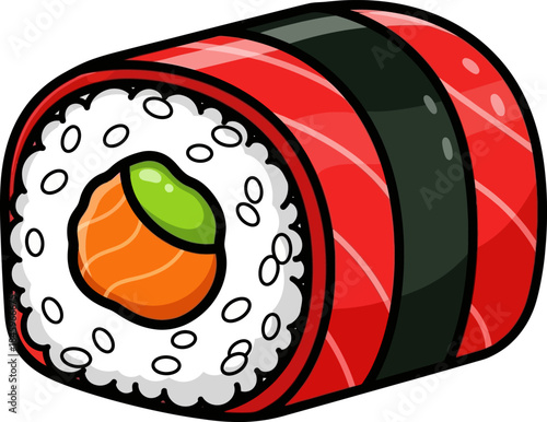 Delicious Salmon Sushi Roll with Avocado and Nori.