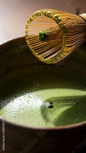 Traditional Japanese Matcha Green Tea Preparation with Bamboo Whisk.