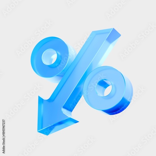 3D Glass Percent Arrow Down icon, Discount decrease finance analytics concept. Liquid Glass design icon, trending glass icon for graphic design, UI UX interfaces, 3d illustration.

