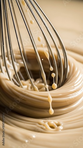 Close-up of a whisk mixing a creamy, light brown batter or sauce, creating ripples and drips.