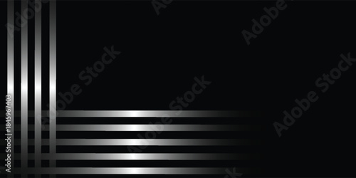 Sleek abstract background with shiny silver metallic stripes on a dark black surface, forming a modern geometric design.
