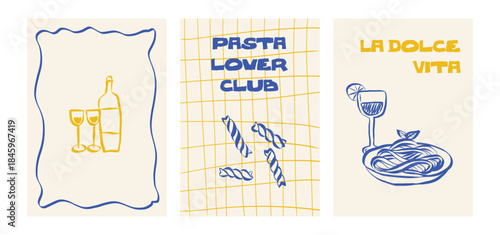 Italian food illustration with pasta, wine bottle and cheese. Hand drawn doodle sketch featuring spaghetti and drink for restaurant menus and dinner party invitations. Whimsical Vector illustration