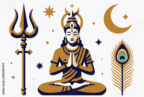 Stylized illustration of Lord Shiva meditating with Hindu symbols like trishul, moon, and peacock feather.