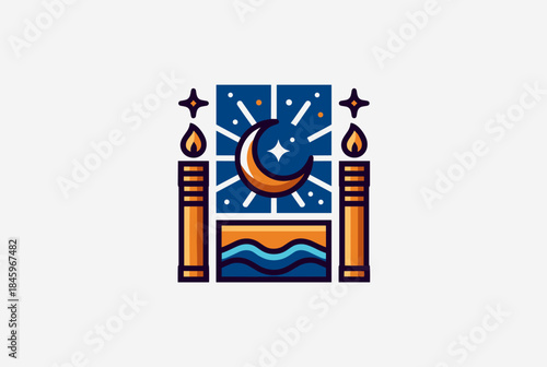 Stylized illustration of a serene night scene with a crescent moon, stars, and two lit candles, framed above a wavy landscape.