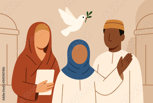 Three diverse Muslim people standing together with a dove of peace, symbolizing unity and interfaith harmony in a serene setting.