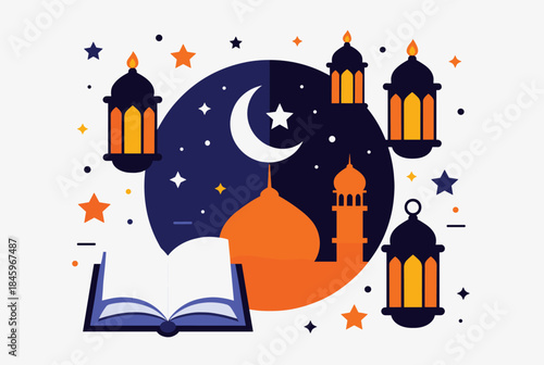 Islamic night scene with mosque, crescent moon, stars, lanterns, and an open book, symbolizing Ramadan or Eid celebration.