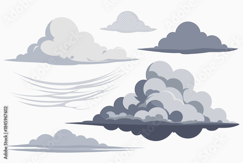 Collection of various cloud types and wind elements in a sky illustration.