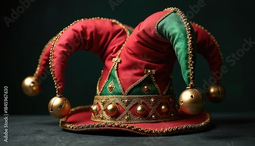 Red and green jester hat with gold trim and bells rests on dark surface. Colorful fool cap with pointy ears for festive events and comedy shows.