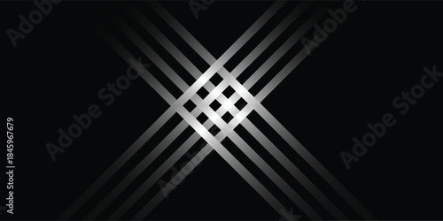Abstract geometric pattern with intersecting silver lines forming a symmetrical grid on a dark black background, creating a modern and dynamic visual effect.