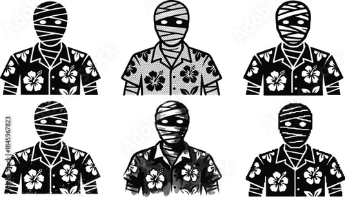 Mummy zombie cartoon characters wearing floral shirts isolated on white background set