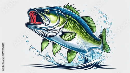 Dynamic and colorful illustration of a largemouth bass leaping out of a lake, captured mid-air with water splashes emphasizing motion and energy. 