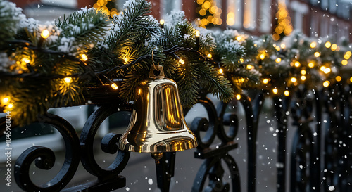 Snowy Christmas bell decorated with pine and lights on railing  