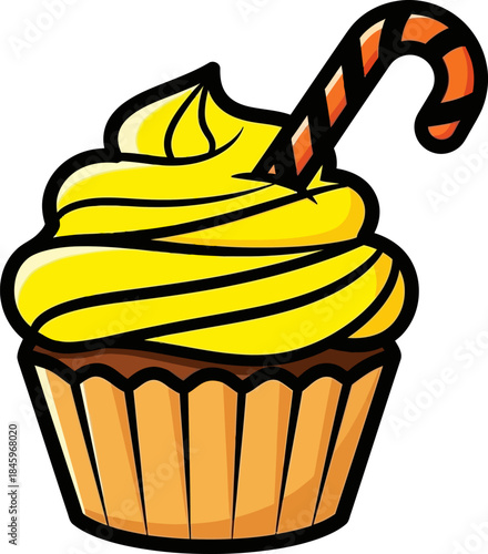Festive Cupcake with Yellow Frosting and Candy Cane Decoration.