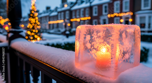 Ice candle glowing on snowy railing with decorated Christmas tree  