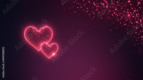 Vibrant romantic-themed image featuring two glowing pink heart shapes set against a deep purple background. 