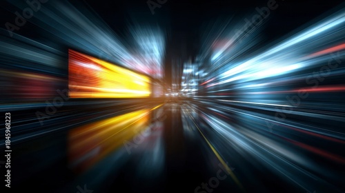 A vibrant nighttime cityscape featuring blurred streaks of light, giving a sense of high speed and energy. Bright yellows and blues dominate