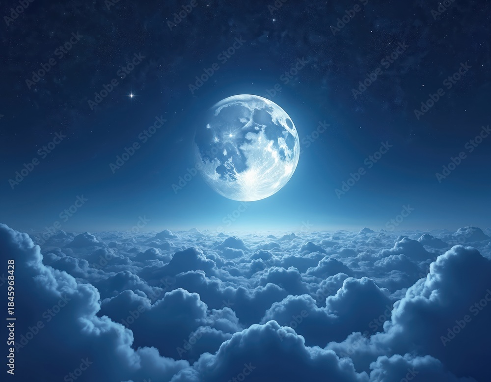 Fototapeta premium Full moon shines bright over soft clouds at night. Stars twinkle in dark blue sky. Vast expanse of fluffy clouds below. Lunar glow lights up atmosphere.