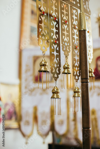Golden religious banner with ornate details in church