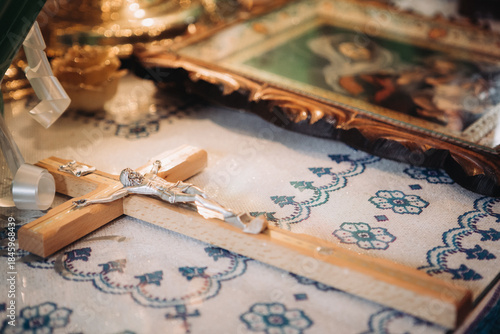 Orthodox baptism preparing religious objects in church