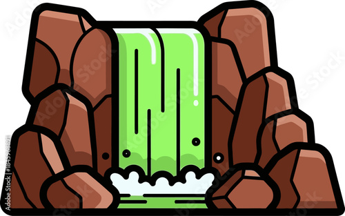 Vibrant Cartoon Waterfall Cascading Over Brown Rocks into a Serene Pool.