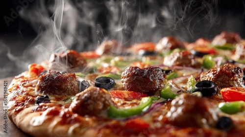 Wallpaper Mural pizza with olives, red peppers, green bell pepper, chicken, and ham Torontodigital.ca