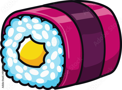 Stylized Sushi Roll with Pink Wrapper and Yellow Center.
