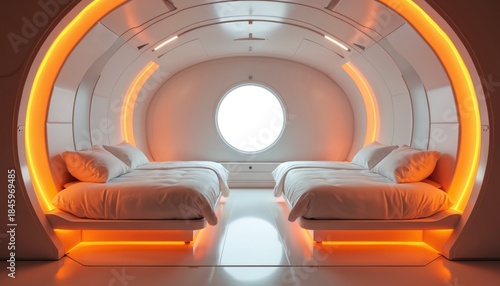 Futuristic pod hotel room with twin beds features glowing orange lights and circular window. Minimalist space-saving design for modern travelers.